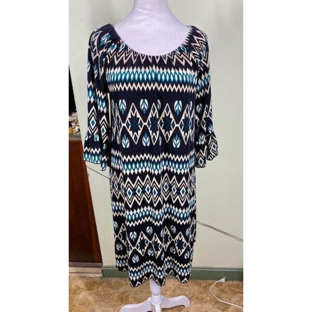 Vtg Reina Womens Sz S Geometric Aztec Southwestern 3/4 Bell Sleeve Shift Dress